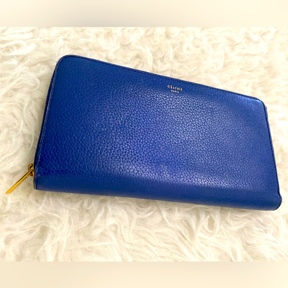 CELINE Drummed Large Zip Around Multifunction Wallet Indigo